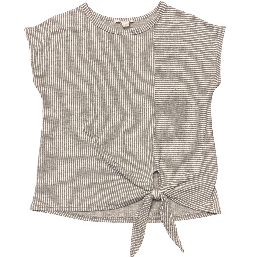 Caution to the Wind Striped Tie Front Top Women's Medium Gray White Blouse Shirt